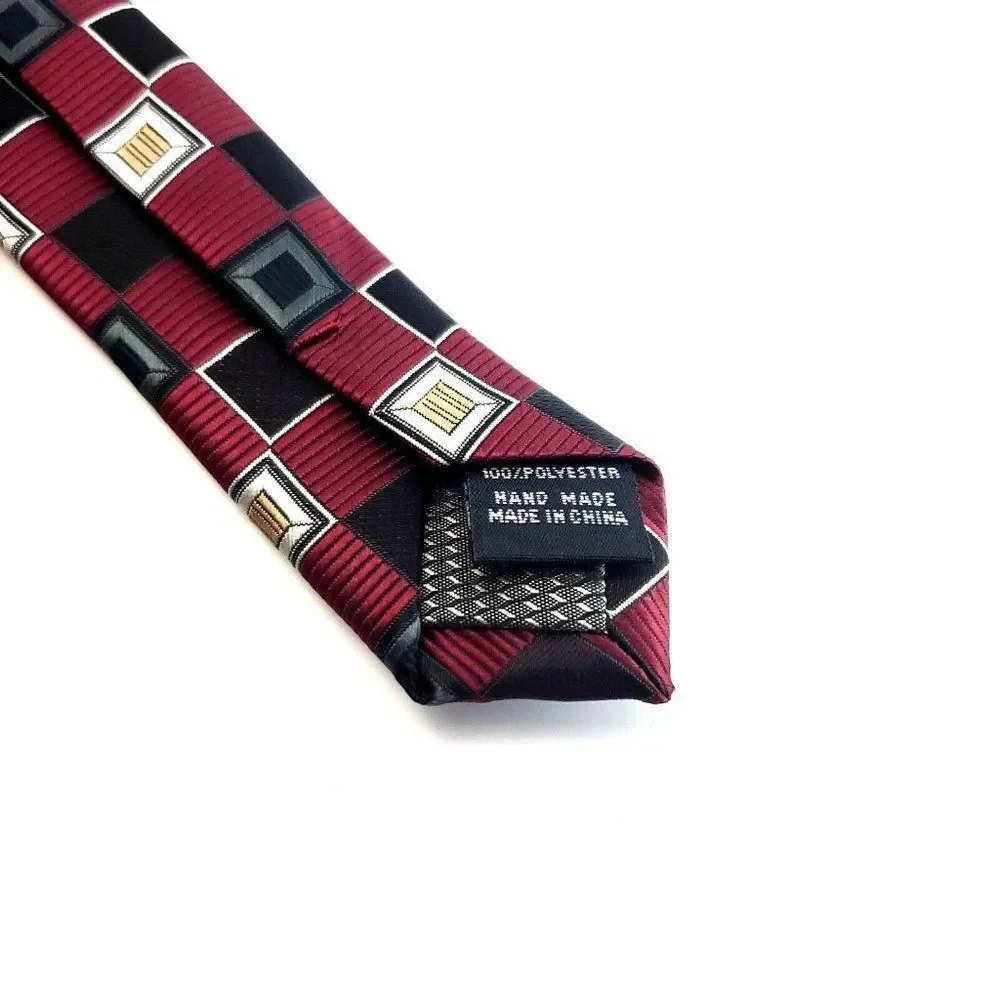 Bergamo New‎ York Red Black Tan Geometric Woven Polyester Long Tie